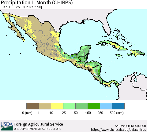 Mexico Central America and the Caribbean Precipitation 1-Month (CHIRPS) Thematic Map For 1/11/2022 - 2/10/2022