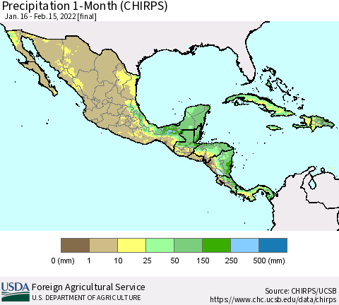 Mexico Central America and the Caribbean Precipitation 1-Month (CHIRPS) Thematic Map For 1/16/2022 - 2/15/2022