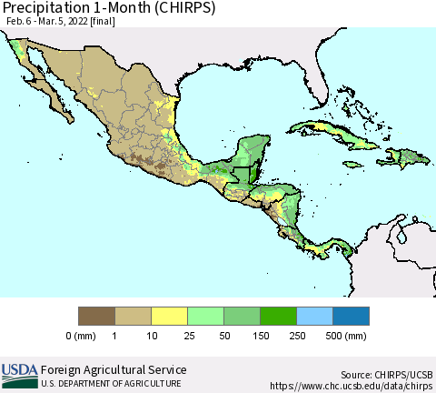 Mexico Central America and the Caribbean Precipitation 1-Month (CHIRPS) Thematic Map For 2/6/2022 - 3/5/2022