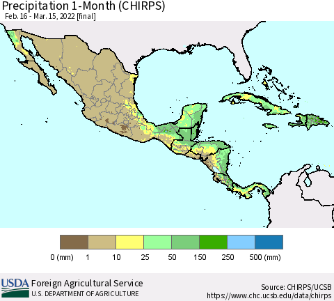 Mexico Central America and the Caribbean Precipitation 1-Month (CHIRPS) Thematic Map For 2/16/2022 - 3/15/2022