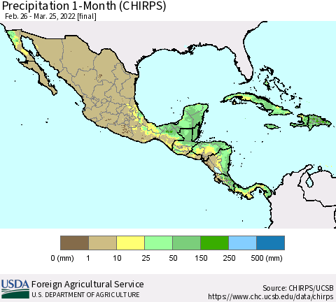 Mexico Central America and the Caribbean Precipitation 1-Month (CHIRPS) Thematic Map For 2/26/2022 - 3/25/2022