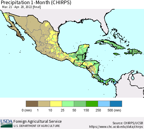 Mexico Central America and the Caribbean Precipitation 1-Month (CHIRPS) Thematic Map For 3/21/2022 - 4/20/2022