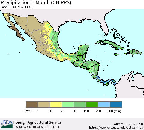Mexico Central America and the Caribbean Precipitation 1-Month (CHIRPS) Thematic Map For 4/1/2022 - 4/30/2022