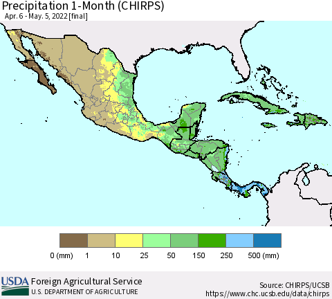 Mexico Central America and the Caribbean Precipitation 1-Month (CHIRPS) Thematic Map For 4/6/2022 - 5/5/2022