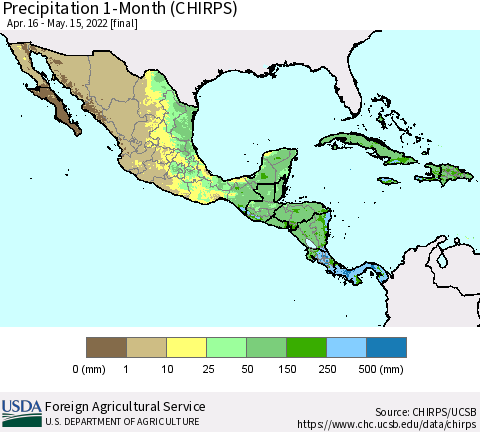 Mexico Central America and the Caribbean Precipitation 1-Month (CHIRPS) Thematic Map For 4/16/2022 - 5/15/2022