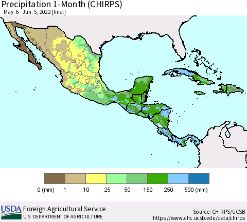 Mexico Central America and the Caribbean Precipitation 1-Month (CHIRPS) Thematic Map For 5/6/2022 - 6/5/2022