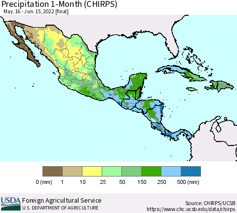 Mexico Central America and the Caribbean Precipitation 1-Month (CHIRPS) Thematic Map For 5/16/2022 - 6/15/2022