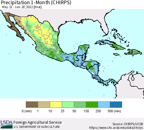 Mexico Central America and the Caribbean Precipitation 1-Month (CHIRPS) Thematic Map For 5/21/2022 - 6/20/2022
