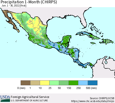 Mexico Central America and the Caribbean Precipitation 1-Month (CHIRPS) Thematic Map For 6/1/2022 - 6/30/2022