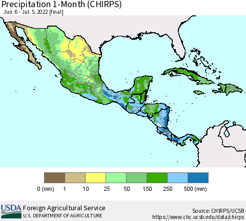 Mexico Central America and the Caribbean Precipitation 1-Month (CHIRPS) Thematic Map For 6/6/2022 - 7/5/2022