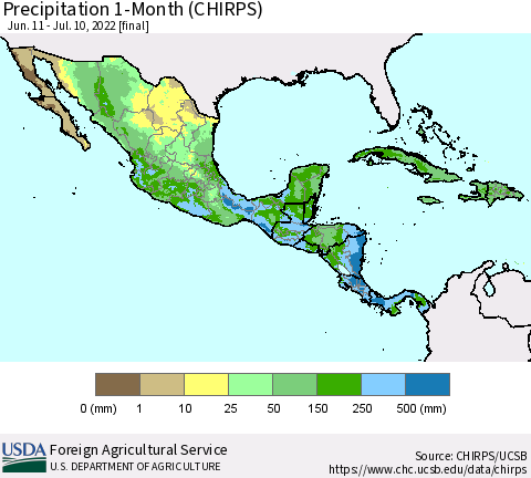 Mexico Central America and the Caribbean Precipitation 1-Month (CHIRPS) Thematic Map For 6/11/2022 - 7/10/2022