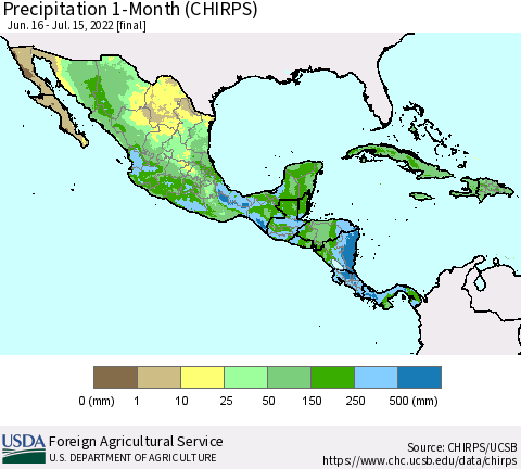Mexico Central America and the Caribbean Precipitation 1-Month (CHIRPS) Thematic Map For 6/16/2022 - 7/15/2022