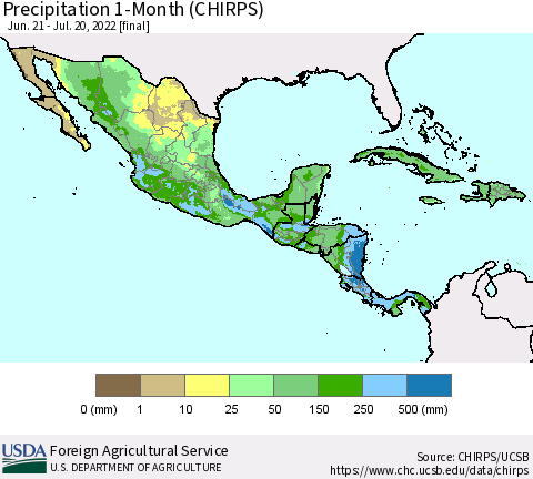 Mexico Central America and the Caribbean Precipitation 1-Month (CHIRPS) Thematic Map For 6/21/2022 - 7/20/2022