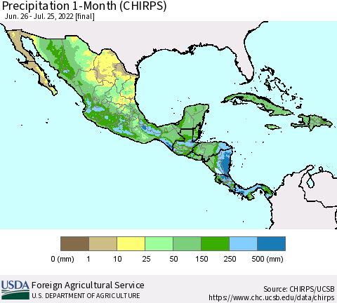 Mexico Central America and the Caribbean Precipitation 1-Month (CHIRPS) Thematic Map For 6/26/2022 - 7/25/2022