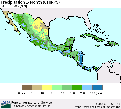 Mexico Central America and the Caribbean Precipitation 1-Month (CHIRPS) Thematic Map For 7/1/2022 - 7/31/2022