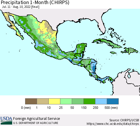 Mexico Central America and the Caribbean Precipitation 1-Month (CHIRPS) Thematic Map For 7/11/2022 - 8/10/2022