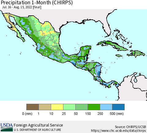 Mexico Central America and the Caribbean Precipitation 1-Month (CHIRPS) Thematic Map For 7/16/2022 - 8/15/2022