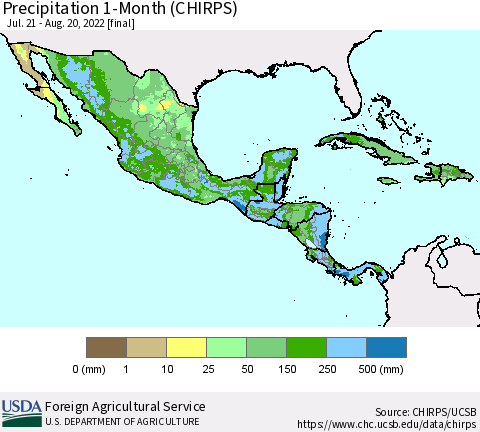 Mexico Central America and the Caribbean Precipitation 1-Month (CHIRPS) Thematic Map For 7/21/2022 - 8/20/2022
