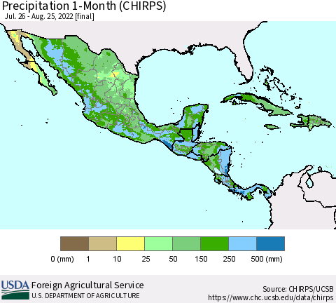 Mexico Central America and the Caribbean Precipitation 1-Month (CHIRPS) Thematic Map For 7/26/2022 - 8/25/2022