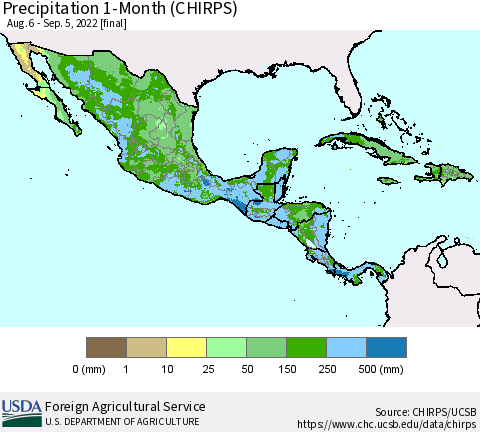 Mexico Central America and the Caribbean Precipitation 1-Month (CHIRPS) Thematic Map For 8/6/2022 - 9/5/2022