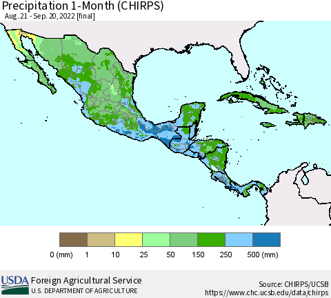 Mexico Central America and the Caribbean Precipitation 1-Month (CHIRPS) Thematic Map For 8/21/2022 - 9/20/2022
