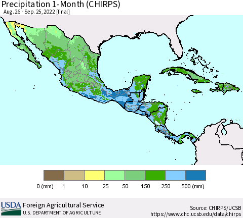 Mexico Central America and the Caribbean Precipitation 1-Month (CHIRPS) Thematic Map For 8/26/2022 - 9/25/2022
