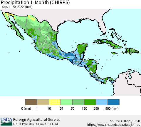 Mexico Central America and the Caribbean Precipitation 1-Month (CHIRPS) Thematic Map For 9/1/2022 - 9/30/2022