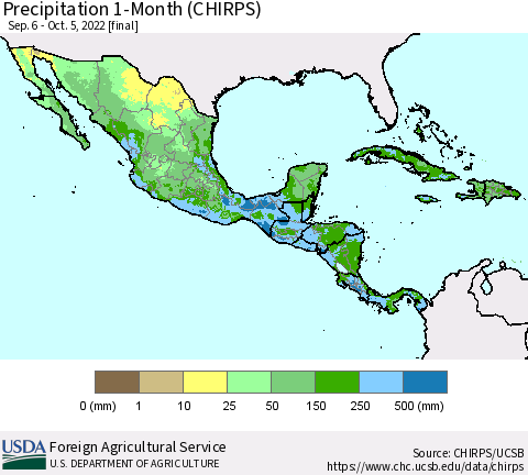 Mexico Central America and the Caribbean Precipitation 1-Month (CHIRPS) Thematic Map For 9/6/2022 - 10/5/2022