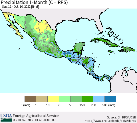 Mexico Central America and the Caribbean Precipitation 1-Month (CHIRPS) Thematic Map For 9/11/2022 - 10/10/2022