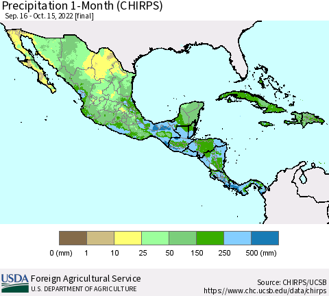 Mexico Central America and the Caribbean Precipitation 1-Month (CHIRPS) Thematic Map For 9/16/2022 - 10/15/2022