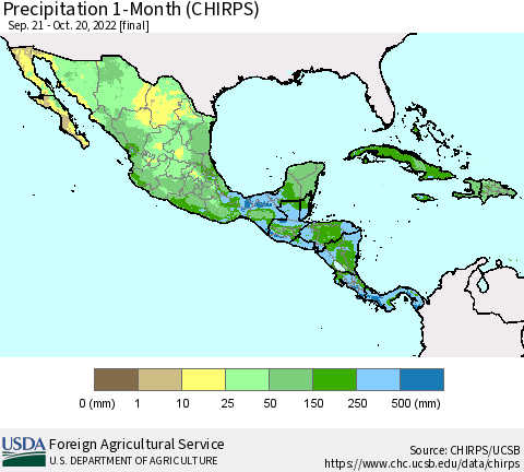 Mexico Central America and the Caribbean Precipitation 1-Month (CHIRPS) Thematic Map For 9/21/2022 - 10/20/2022