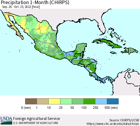 Mexico Central America and the Caribbean Precipitation 1-Month (CHIRPS) Thematic Map For 9/26/2022 - 10/25/2022