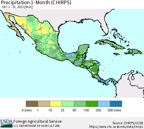 Mexico Central America and the Caribbean Precipitation 1-Month (CHIRPS) Thematic Map For 10/1/2022 - 10/31/2022