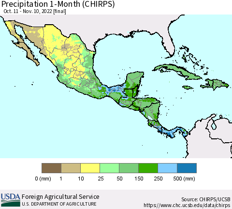 Mexico Central America and the Caribbean Precipitation 1-Month (CHIRPS) Thematic Map For 10/11/2022 - 11/10/2022