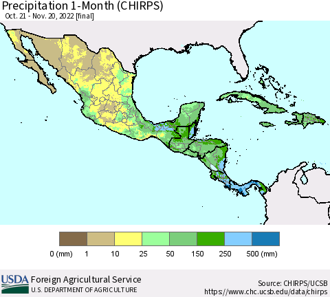 Mexico Central America and the Caribbean Precipitation 1-Month (CHIRPS) Thematic Map For 10/21/2022 - 11/20/2022