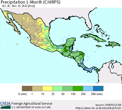 Mexico Central America and the Caribbean Precipitation 1-Month (CHIRPS) Thematic Map For 10/26/2022 - 11/25/2022