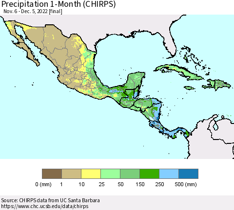 Mexico Central America and the Caribbean Precipitation 1-Month (CHIRPS) Thematic Map For 11/6/2022 - 12/5/2022