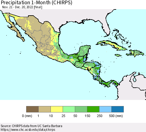 Mexico Central America and the Caribbean Precipitation 1-Month (CHIRPS) Thematic Map For 11/21/2022 - 12/20/2022