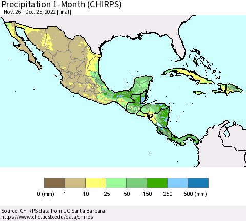 Mexico Central America and the Caribbean Precipitation 1-Month (CHIRPS) Thematic Map For 11/26/2022 - 12/25/2022