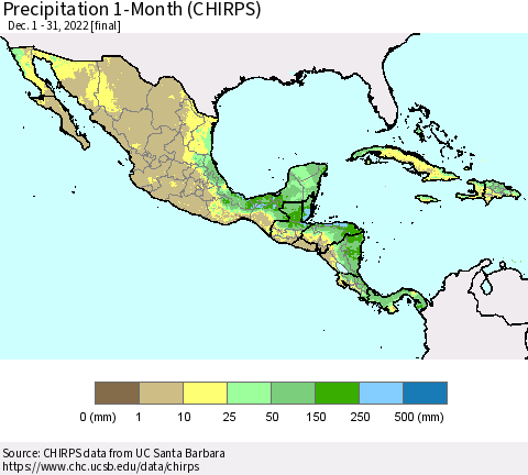 Mexico Central America and the Caribbean Precipitation 1-Month (CHIRPS) Thematic Map For 12/1/2022 - 12/31/2022