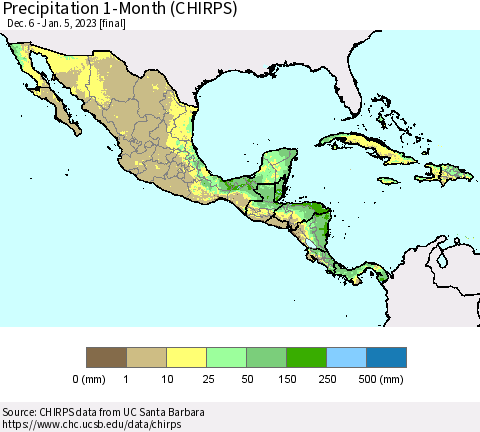 Mexico Central America and the Caribbean Precipitation 1-Month (CHIRPS) Thematic Map For 12/6/2022 - 1/5/2023