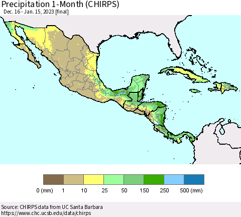 Mexico Central America and the Caribbean Precipitation 1-Month (CHIRPS) Thematic Map For 12/16/2022 - 1/15/2023