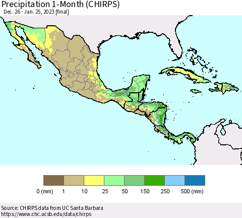 Mexico Central America and the Caribbean Precipitation 1-Month (CHIRPS) Thematic Map For 12/26/2022 - 1/25/2023