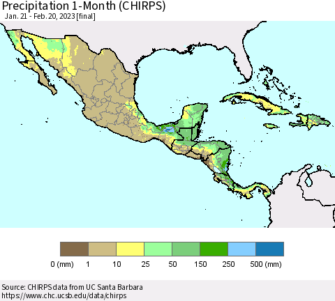 Mexico Central America and the Caribbean Precipitation 1-Month (CHIRPS) Thematic Map For 1/21/2023 - 2/20/2023