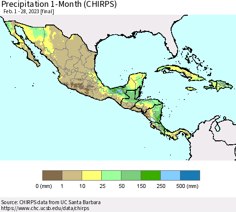 Mexico Central America and the Caribbean Precipitation 1-Month (CHIRPS) Thematic Map For 2/1/2023 - 2/28/2023