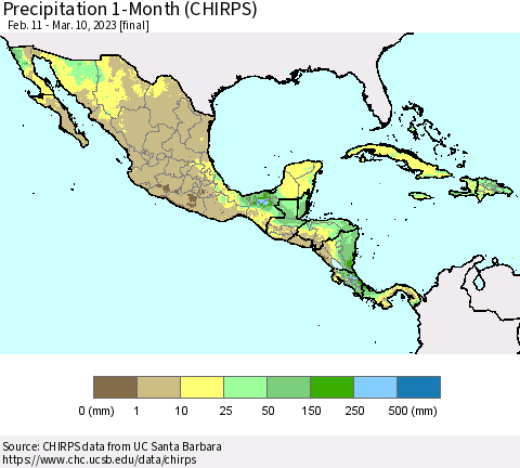 Mexico Central America and the Caribbean Precipitation 1-Month (CHIRPS) Thematic Map For 2/11/2023 - 3/10/2023