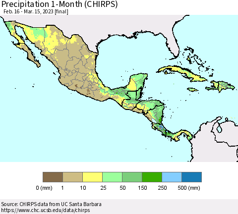 Mexico Central America and the Caribbean Precipitation 1-Month (CHIRPS) Thematic Map For 2/16/2023 - 3/15/2023