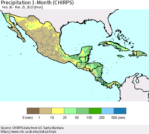 Mexico Central America and the Caribbean Precipitation 1-Month (CHIRPS) Thematic Map For 2/26/2023 - 3/25/2023