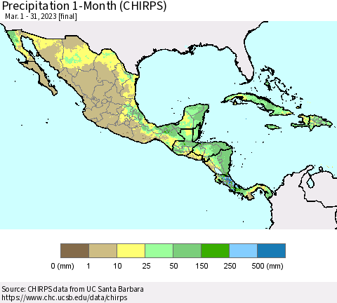 Mexico Central America and the Caribbean Precipitation 1-Month (CHIRPS) Thematic Map For 3/1/2023 - 3/31/2023