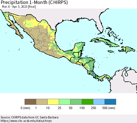 Mexico Central America and the Caribbean Precipitation 1-Month (CHIRPS) Thematic Map For 3/6/2023 - 4/5/2023